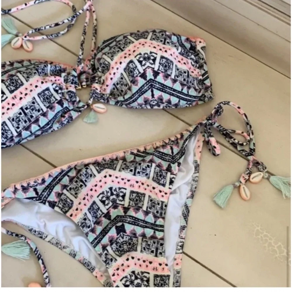 🪞 NWT SET VS printed seashells tube top + side tie bikini bottom matching set